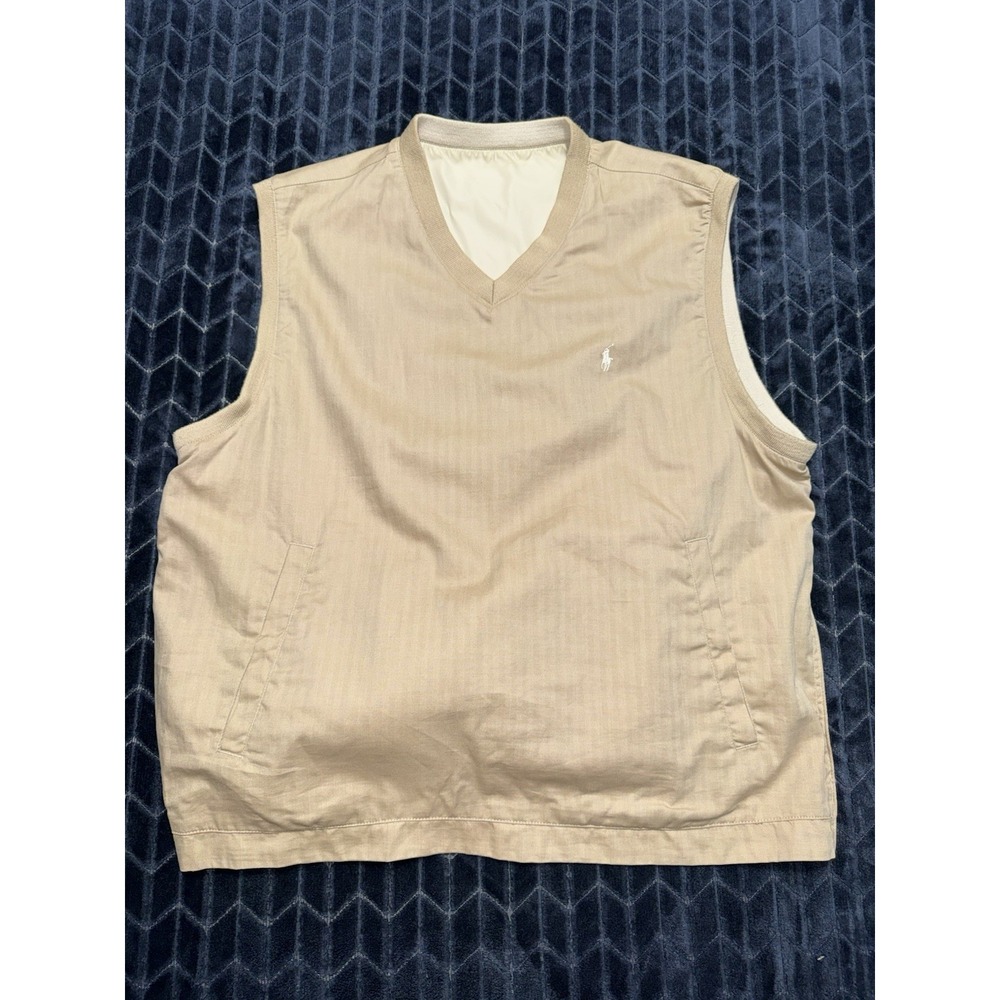 Polo Golf Ralph Lauren Reversible Vest Tan V-Neck Side Zip Size Large